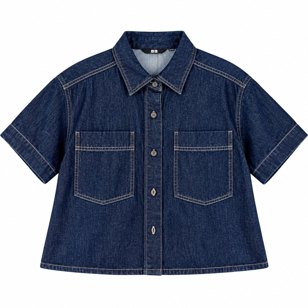 Uniqlo Womens Dark Indigo Denim Short Sleeve Boxy Button Down Shirt Large Urban